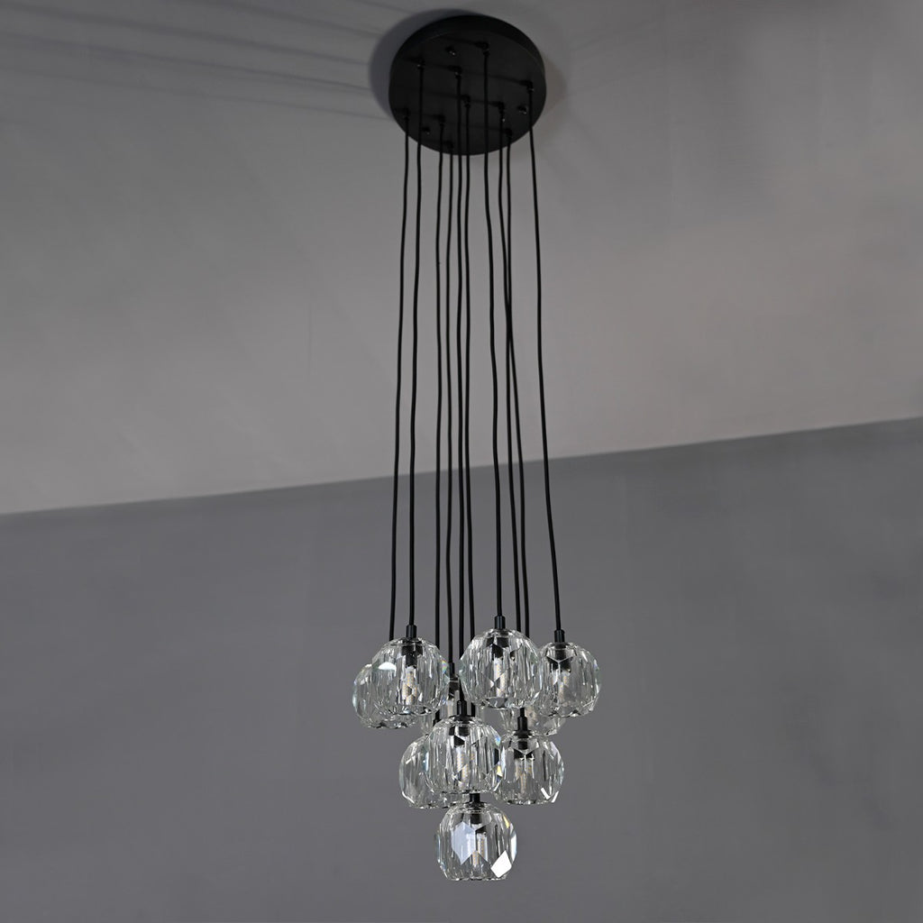 Modern dining room chandelier with clear crystal shades and black metal fixture