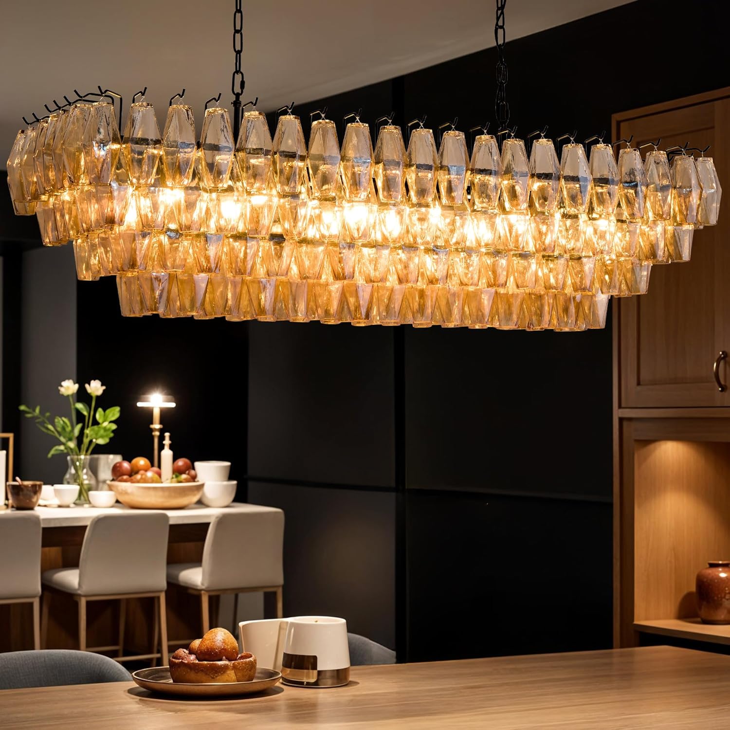 54 Inch Smoked Murano Glass Tiered Rectangular Chandelier - Chiara
