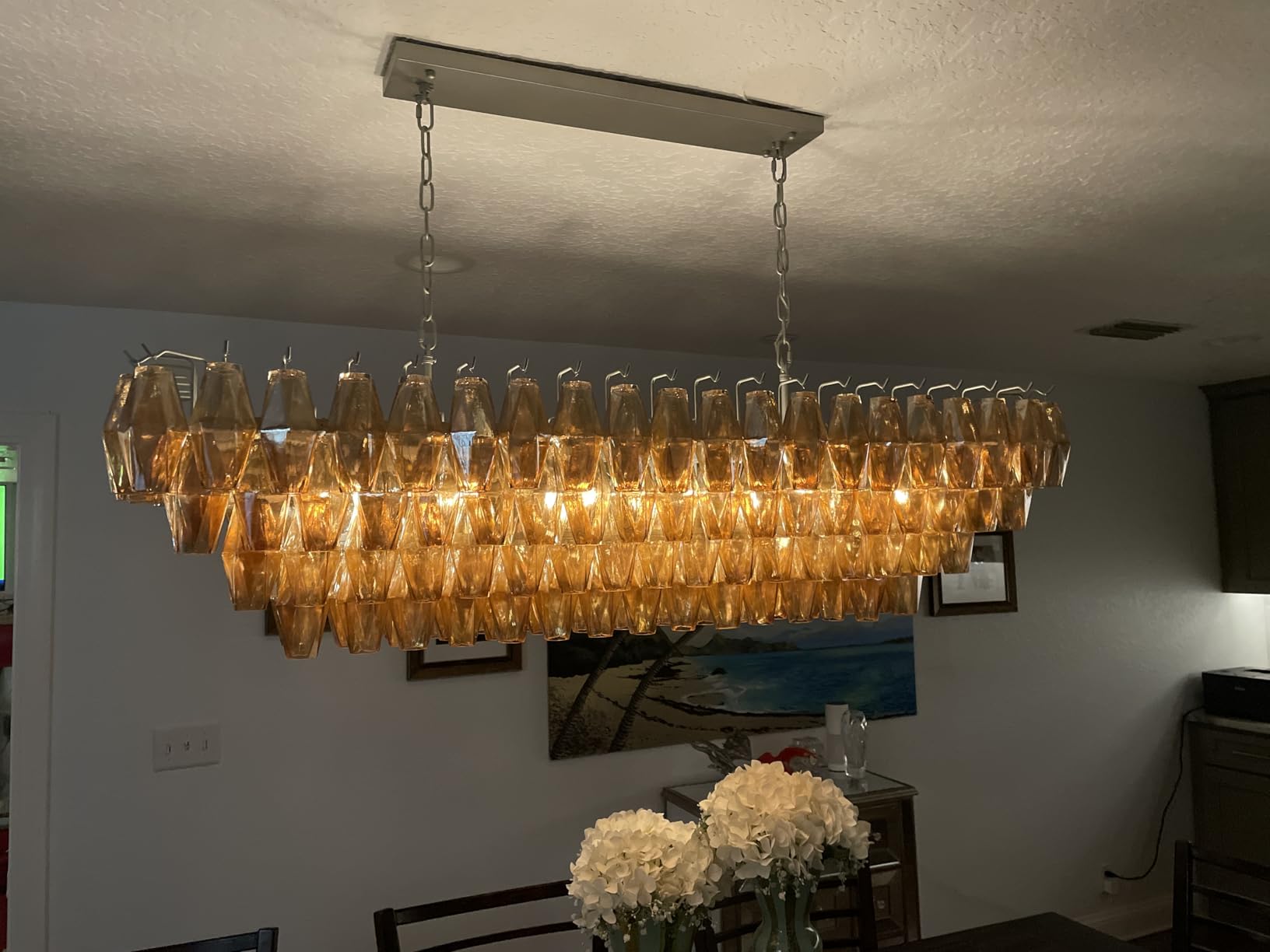 54 Inch Amber Murano Glass Tiered Rectangular Chandelier - Chiara