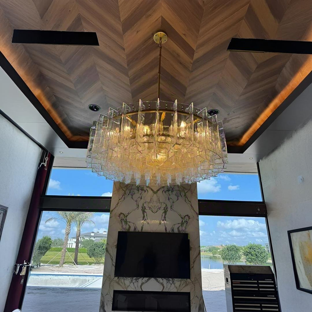 48 Inch Clear Hammered Glass Round Chandelier - Lattice