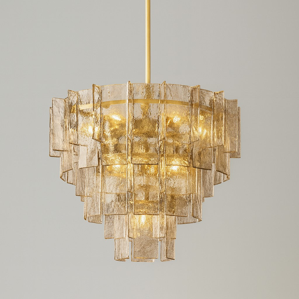 36 Inch Amber Hammered Glass Tiered Chandelier - Lattice