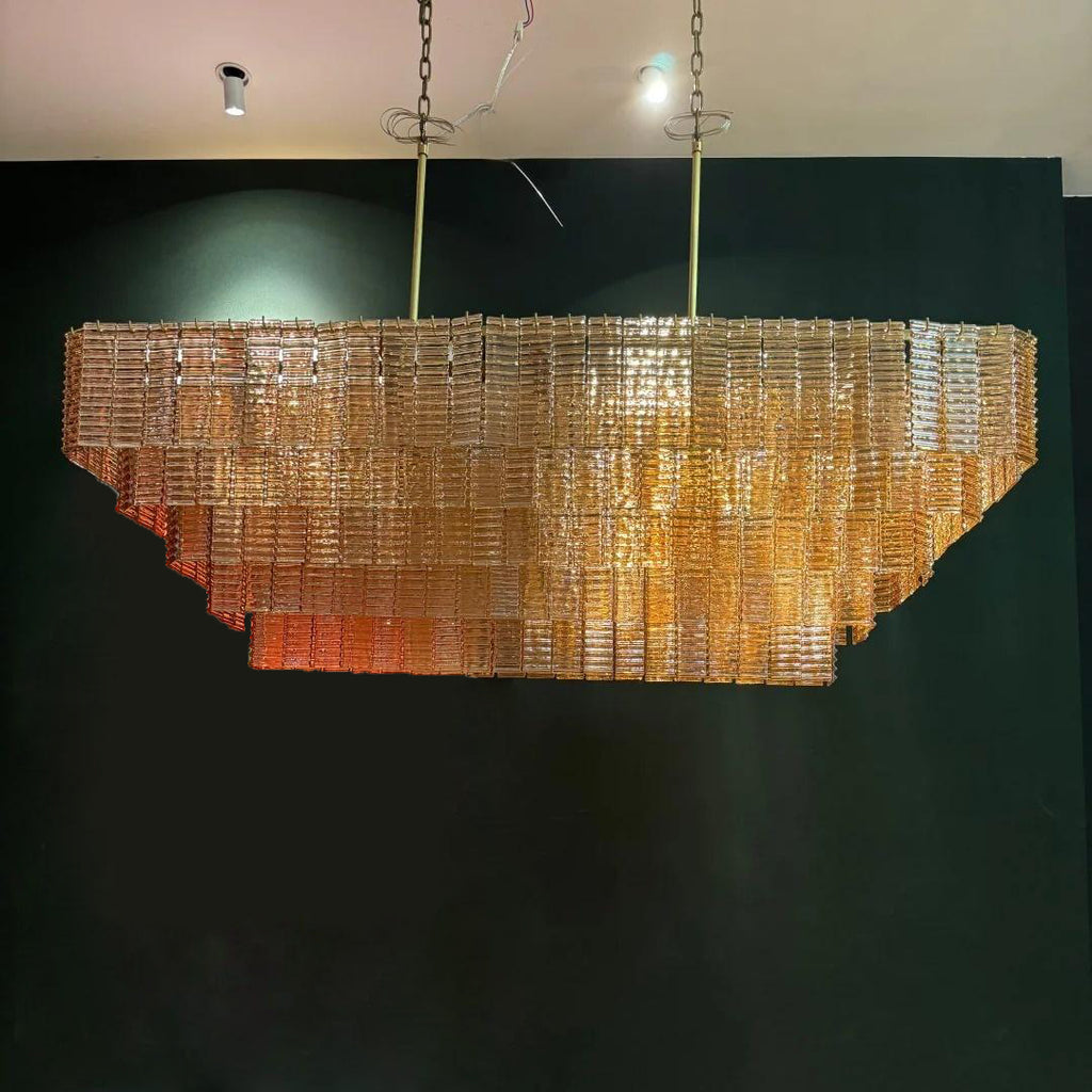 59 Inch Ribbed Amber Glass Rectangular Chandelier - Sirene