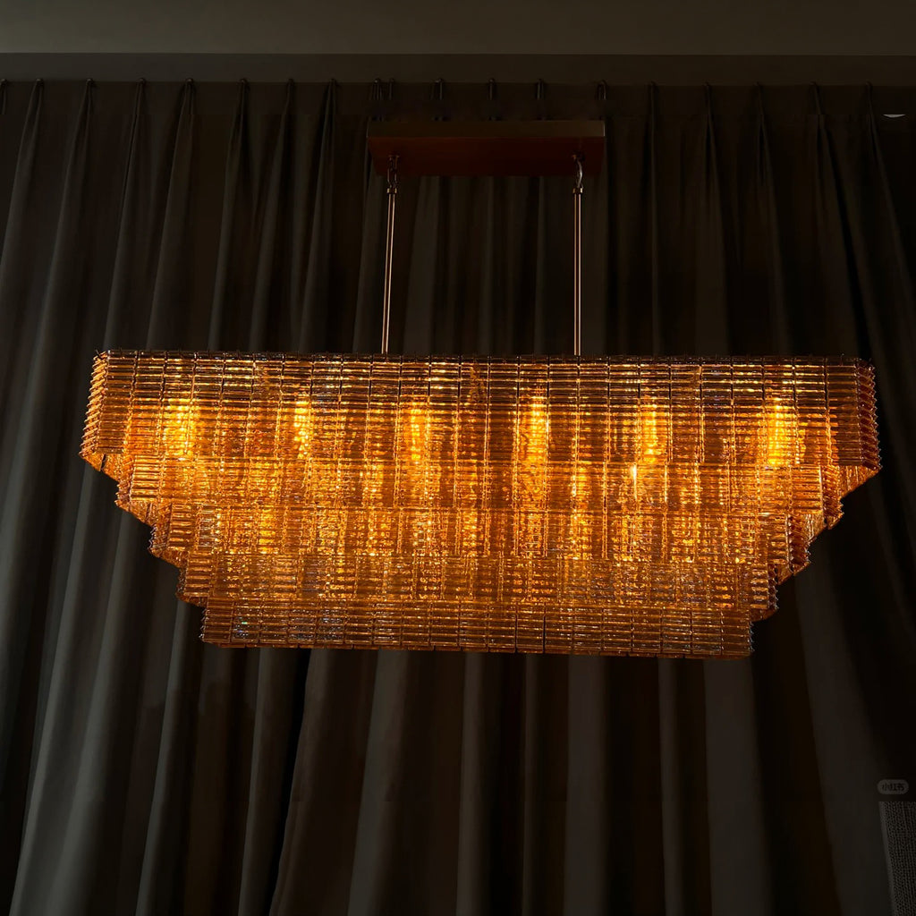 59 Inch Ribbed Amber Glass Rectangular Chandelier - Sirene