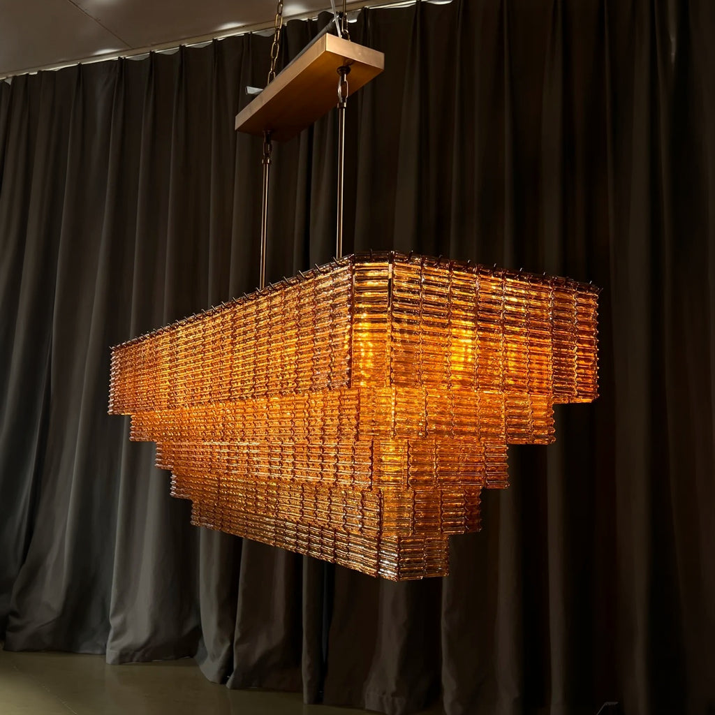 59 Inch Ribbed Amber Glass Rectangular Chandelier - Sirene