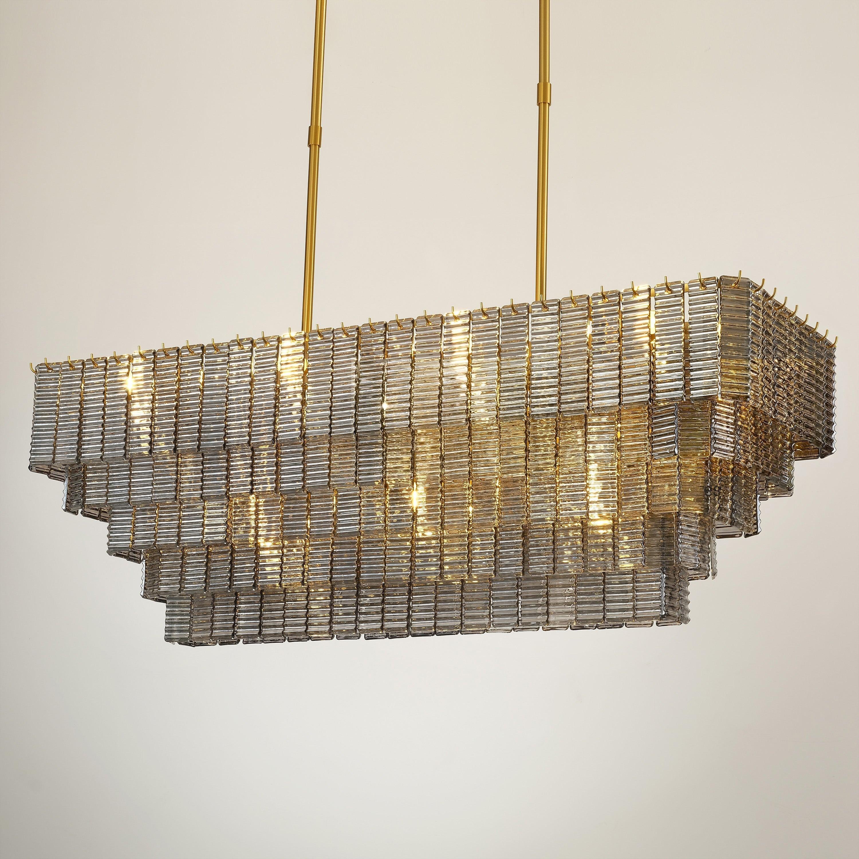 59 Inch Ribbed Smoked Glass Rectangular Chandelier - Sirene