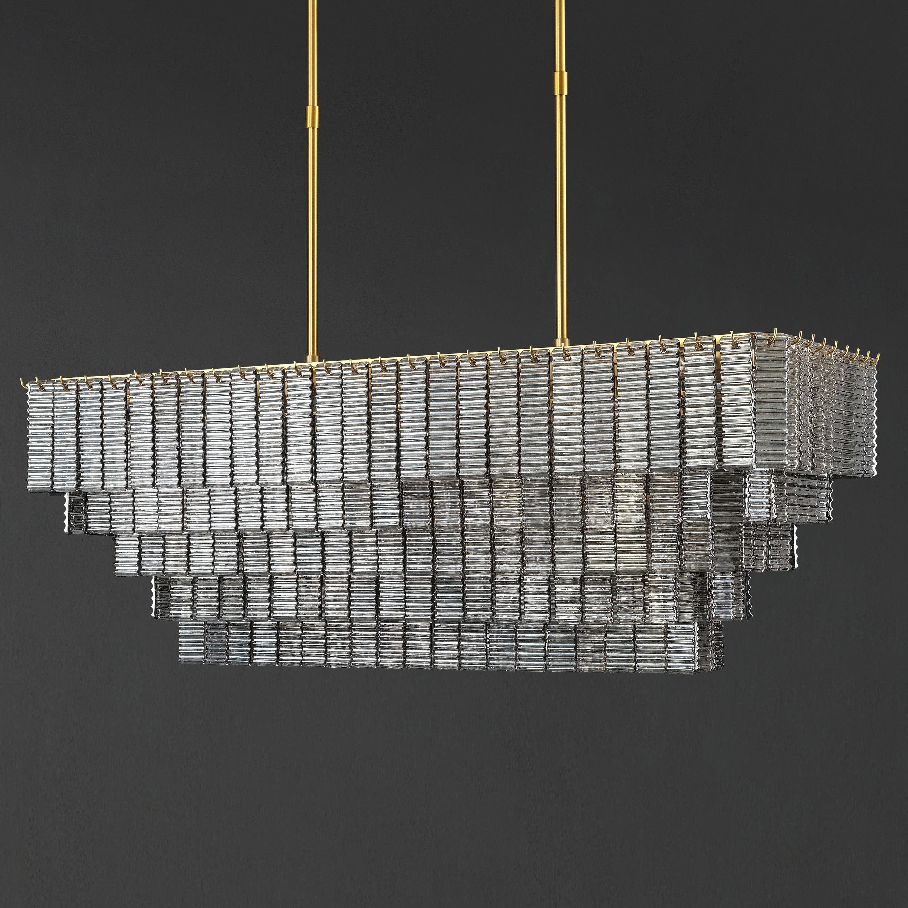 59 Inch Ribbed Smoked Glass Rectangular Chandelier - Sirene