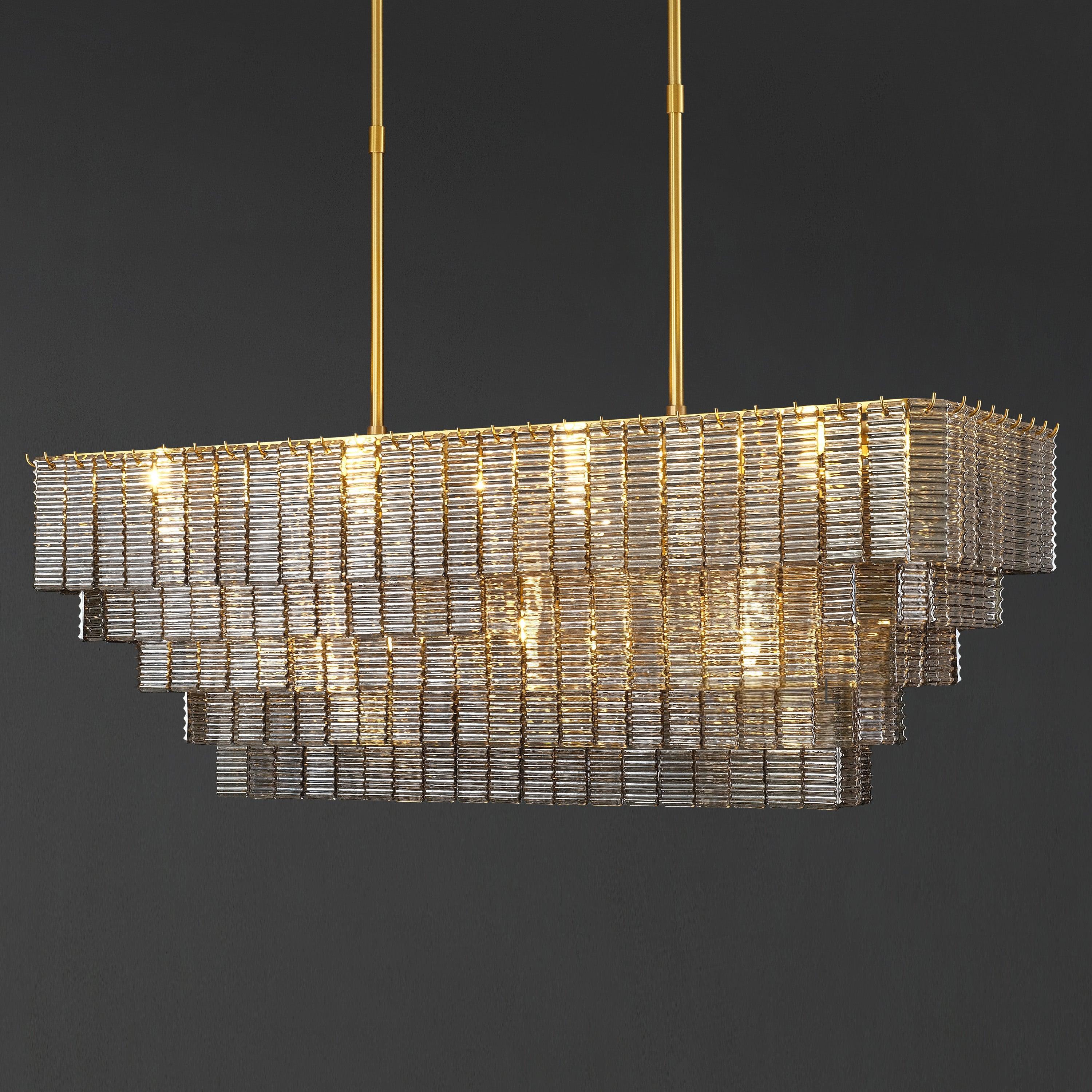 59 Inch Ribbed Smoked Glass Rectangular Chandelier - Sirene
