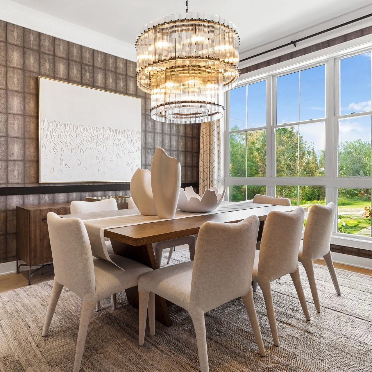 37 Inch Ribbed Glass Two-Tier Chandelier - San Marco