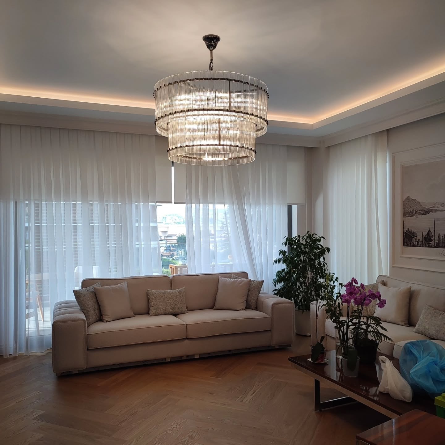 37 Inch Ribbed Glass Two-Tier Round Chandelier - San Marco