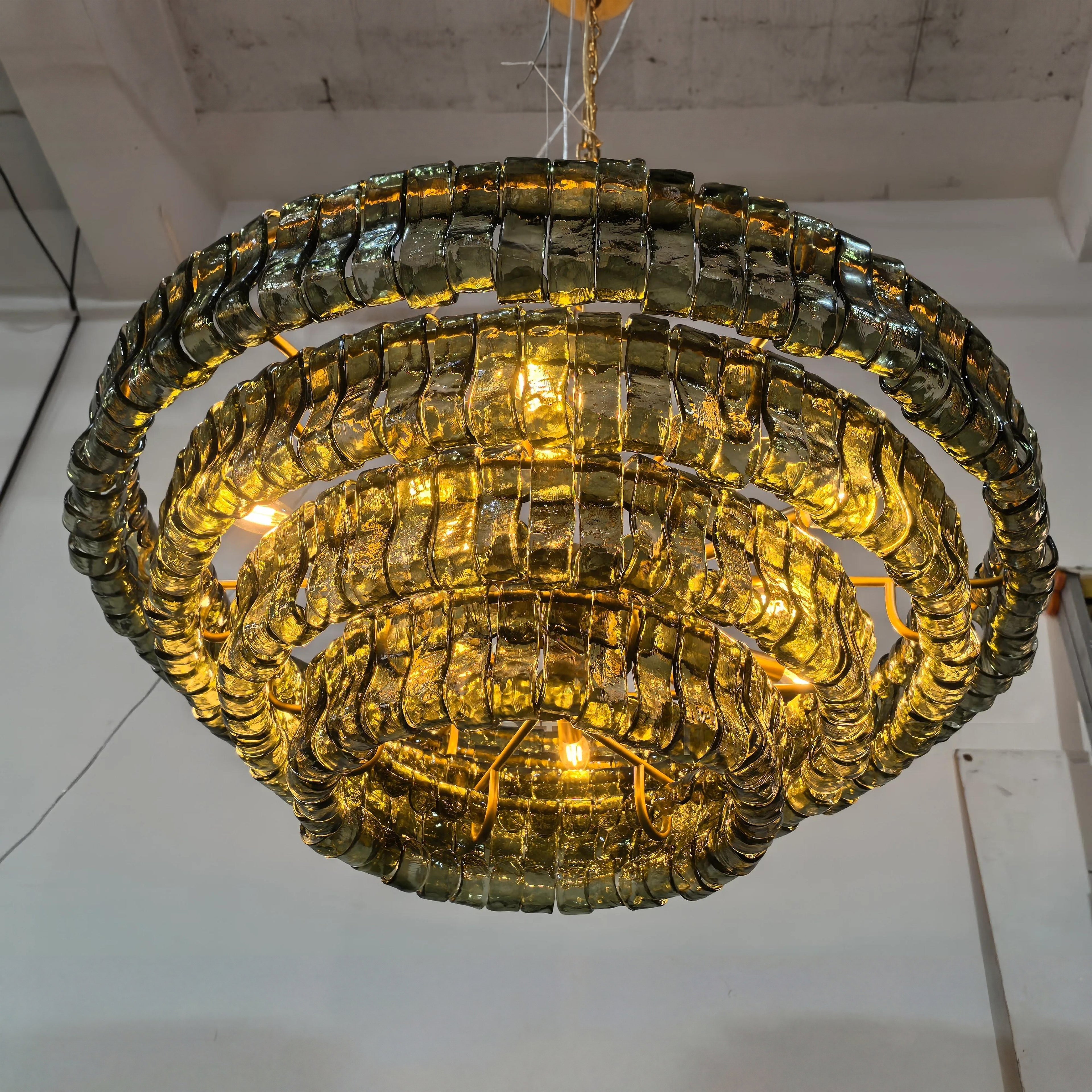 36 Inch Green Glass Tiered Chandelier - Ghiaccio