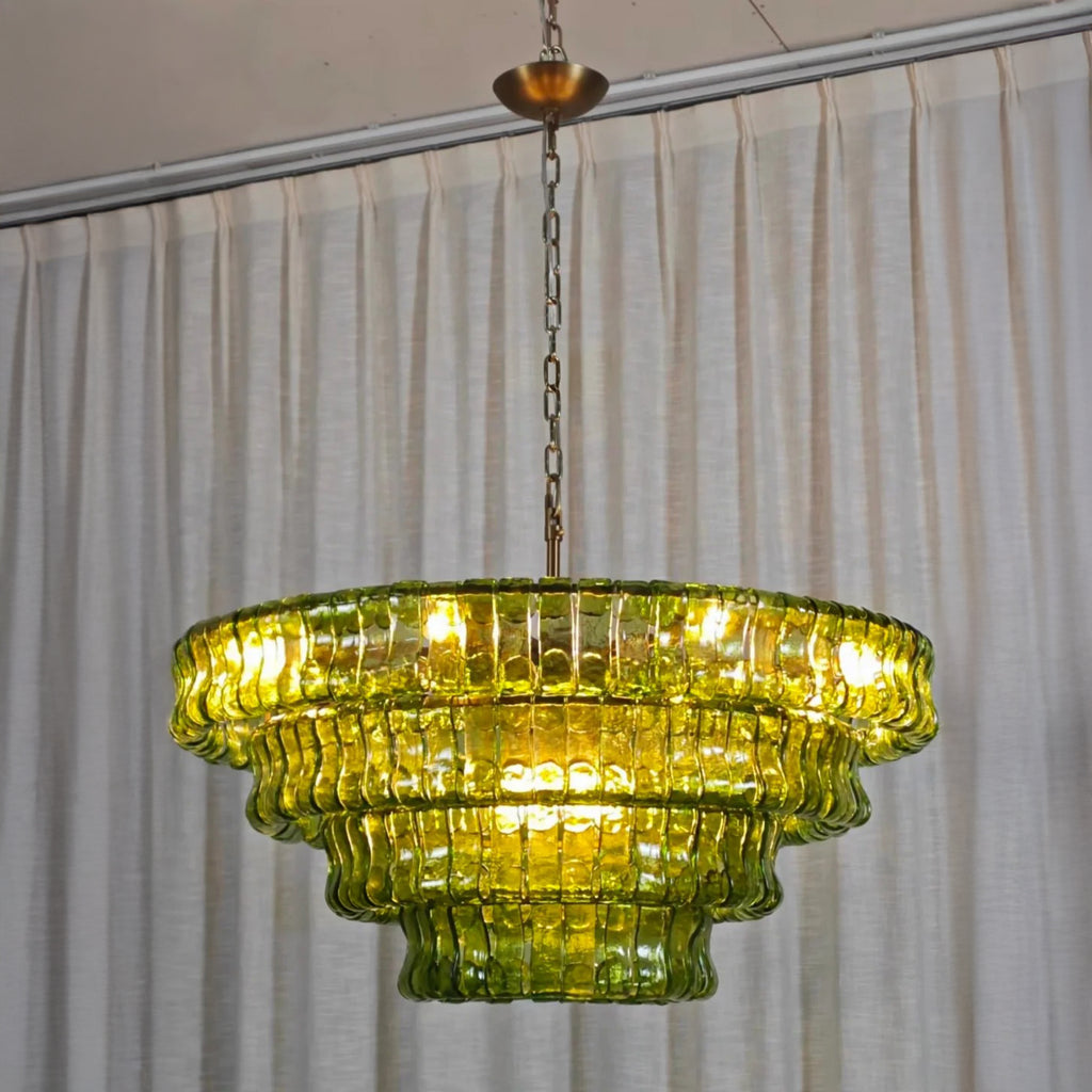 36 Inch Green Glass Tiered Chandelier - Ghiaccio